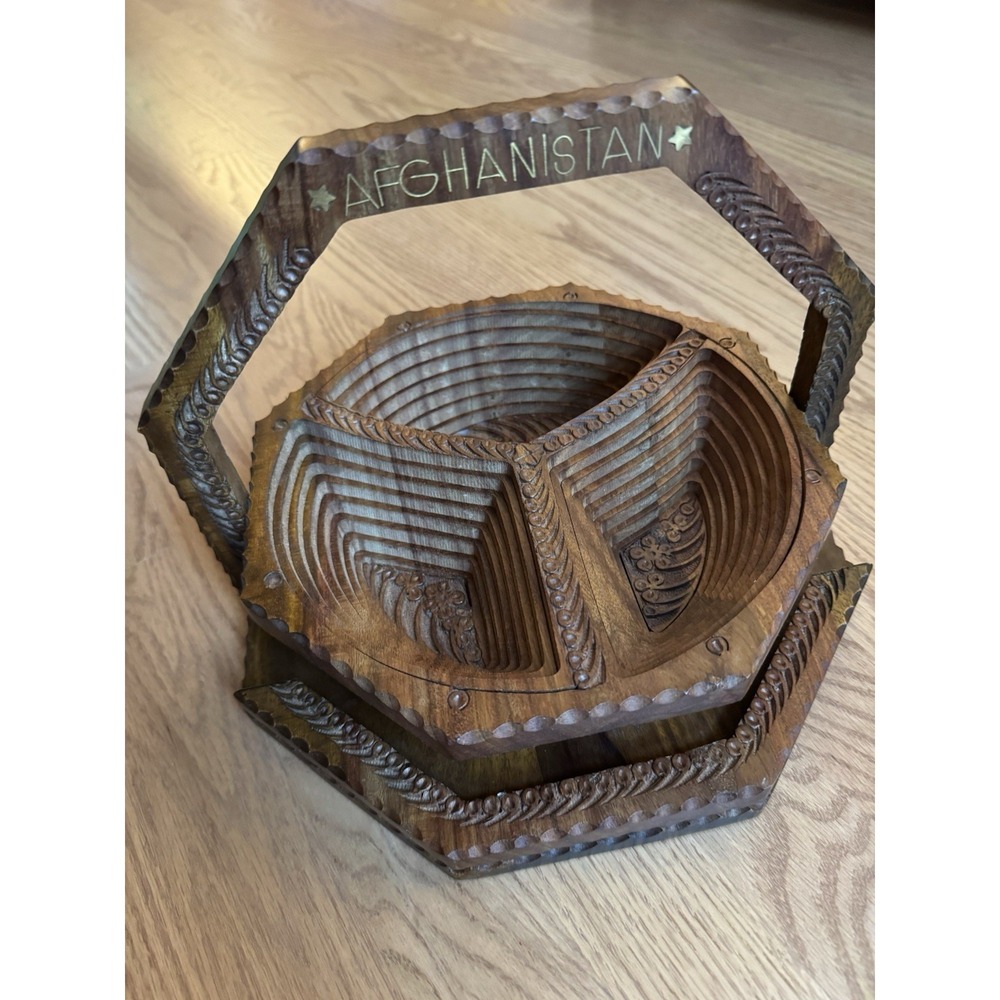 Vintage 1970s Afghanistan Hand Carved Wooden Collapsible Basket